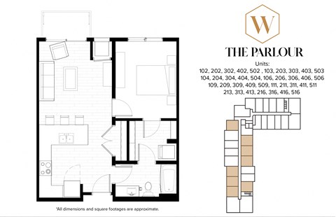 Floor plan for 1 bed, 1 bath, 663 sqft